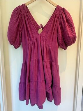 XiRENA Berry-Pink Puff-Sleeve Tiered Tunic Dress